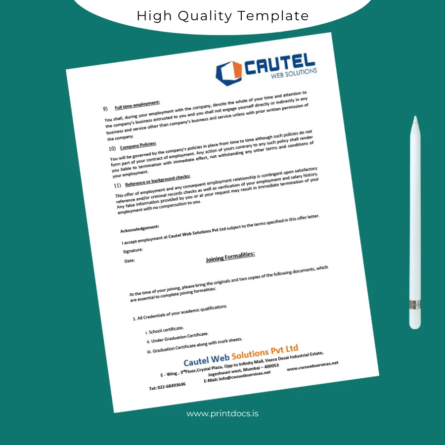 Printable Cautel Web Solutions Pvt Ltd Employment Verification Letter Template in Word and PDF formats page 4 Image Preview - PrintDocs