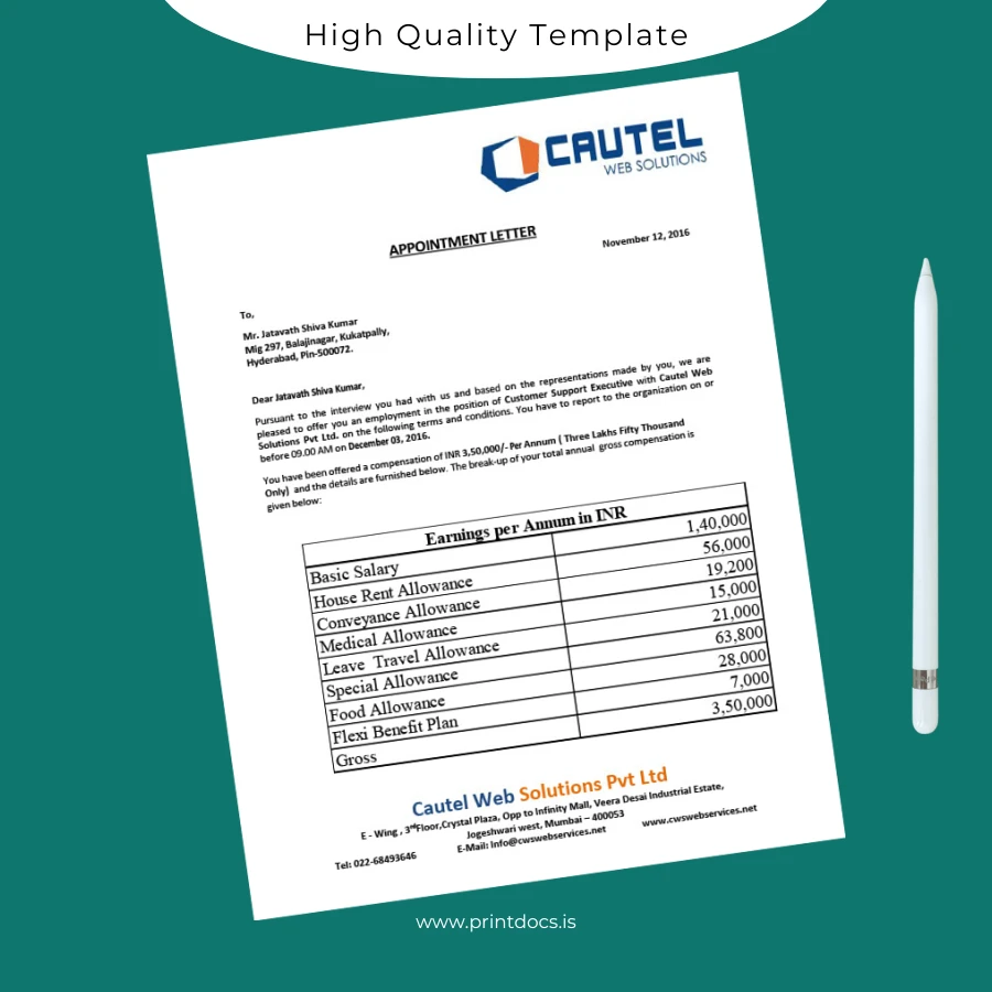 Printable Cautel Web Solutions Pvt Ltd Employment Verification Letter Template (Word & PDF) Image Preview - PrintDocs