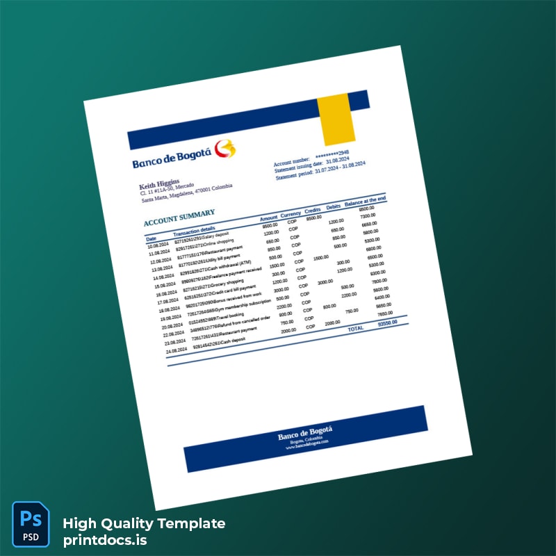 Colombia Banco De Bogot Editable Bank Statement Template in Word and PDF formats