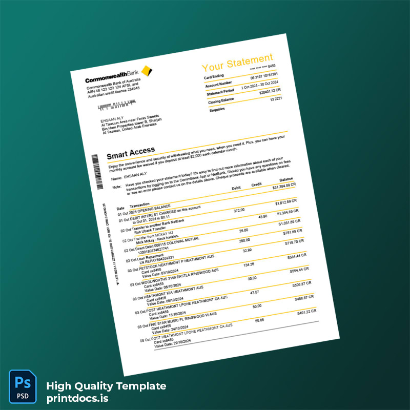 Commonwealth Bank Statement Template in Word and PDF formats