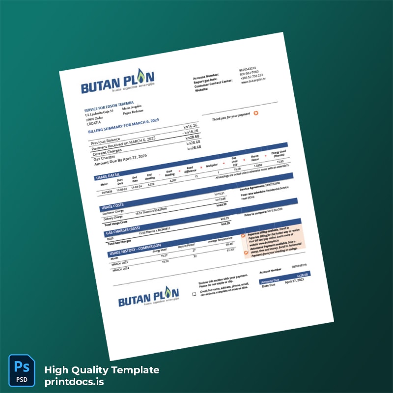 Croatia BUTAN PLIN D O O Editable Gas Bill Template in Word and PDF formats