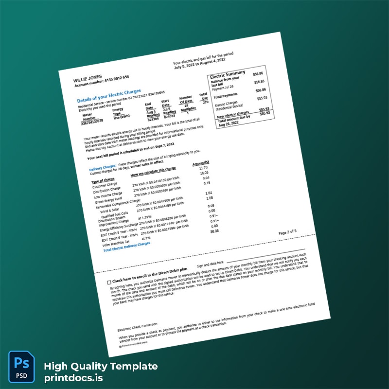 Delaware Power Company Editable Utility Bill Template in Word and PDF formats page 2