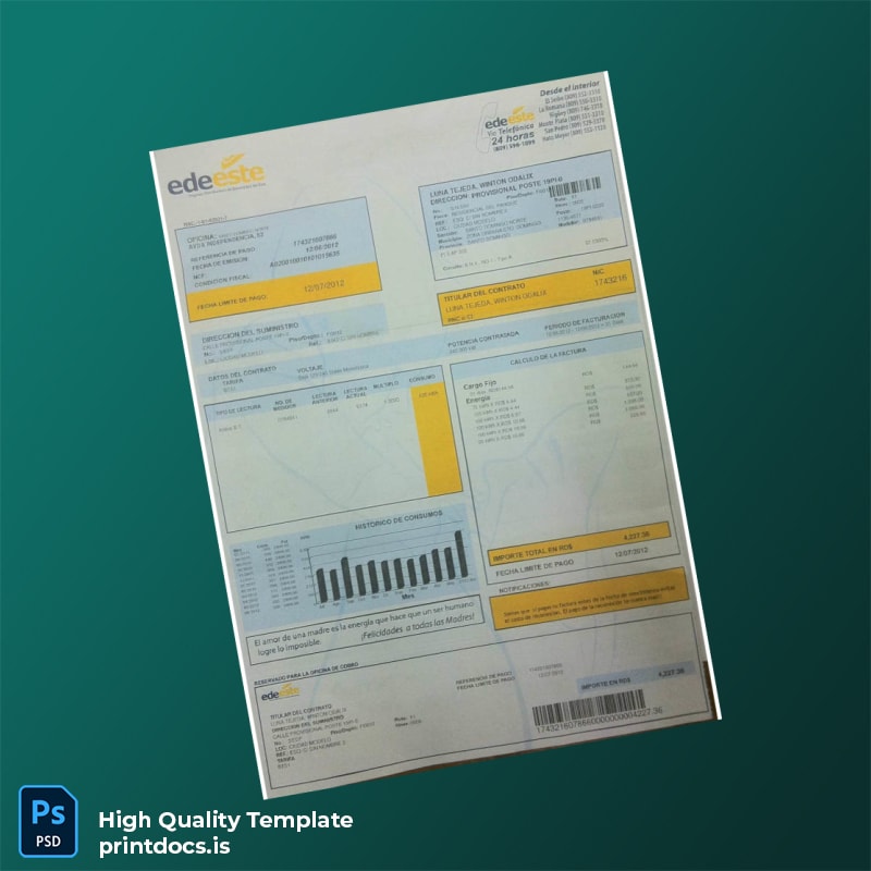 Dominican Republic EDE Este Editable Electricity Bill Template in Word and PDF formats