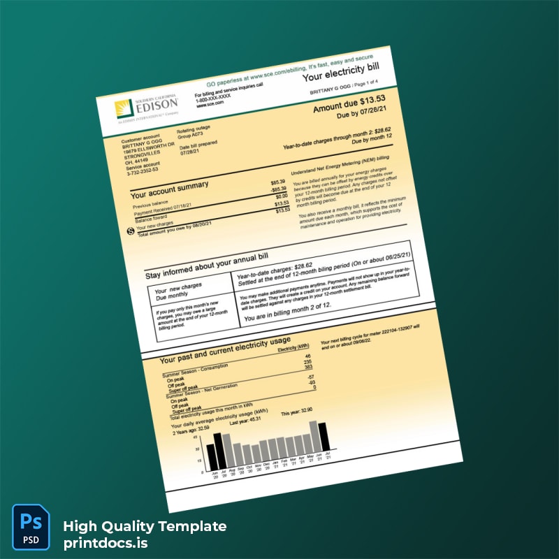 Edison Editable Electricity Bill Template in Word and PDF formats