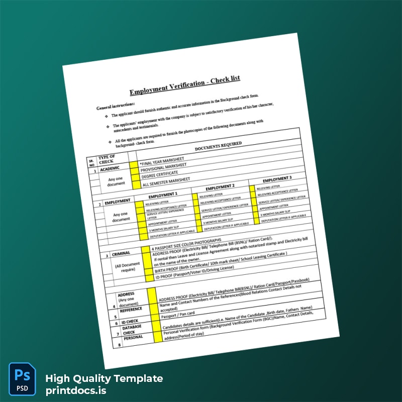 Printable Employment Verification Checklist Template (Word & PDF) Image Preview - PrintDocs