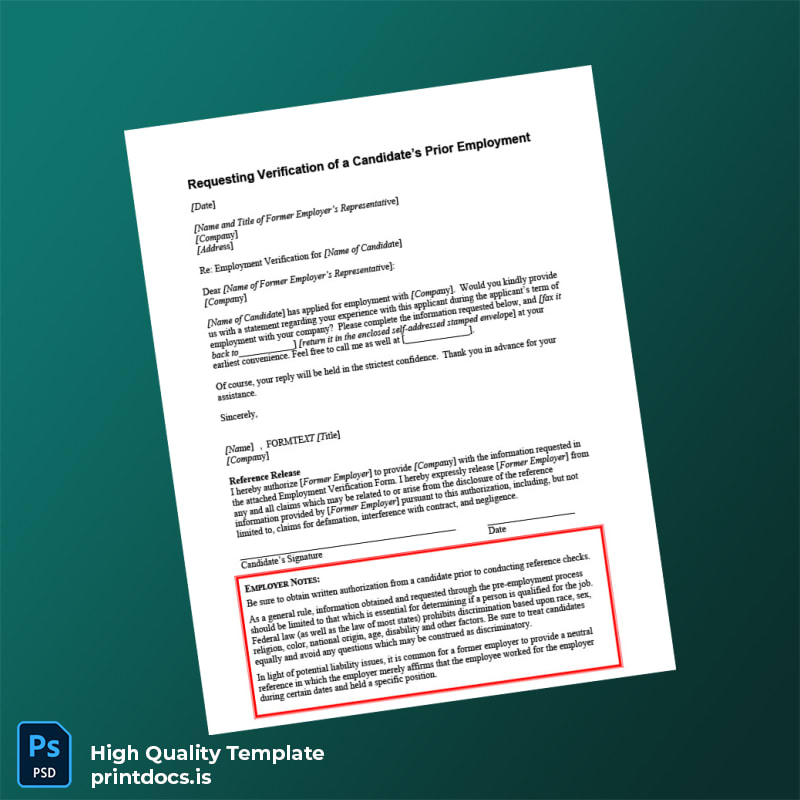 Printable Employment Verification Request Letter Template (Word & PDF) Image Preview - PrintDocs
