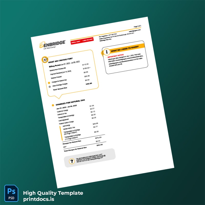 Enbridge Gas Inc Editable Electricity Bill Template in Word and PDF formats page 2
