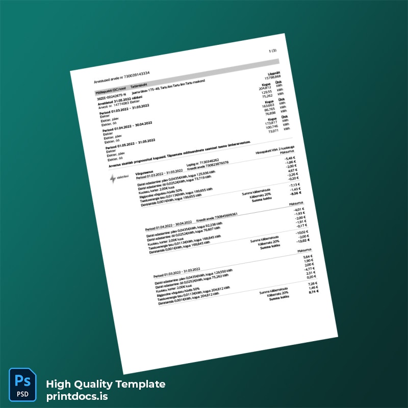 Estonia Eesti Energia Editable Utility Bill Template in Word and PDF formats page 2