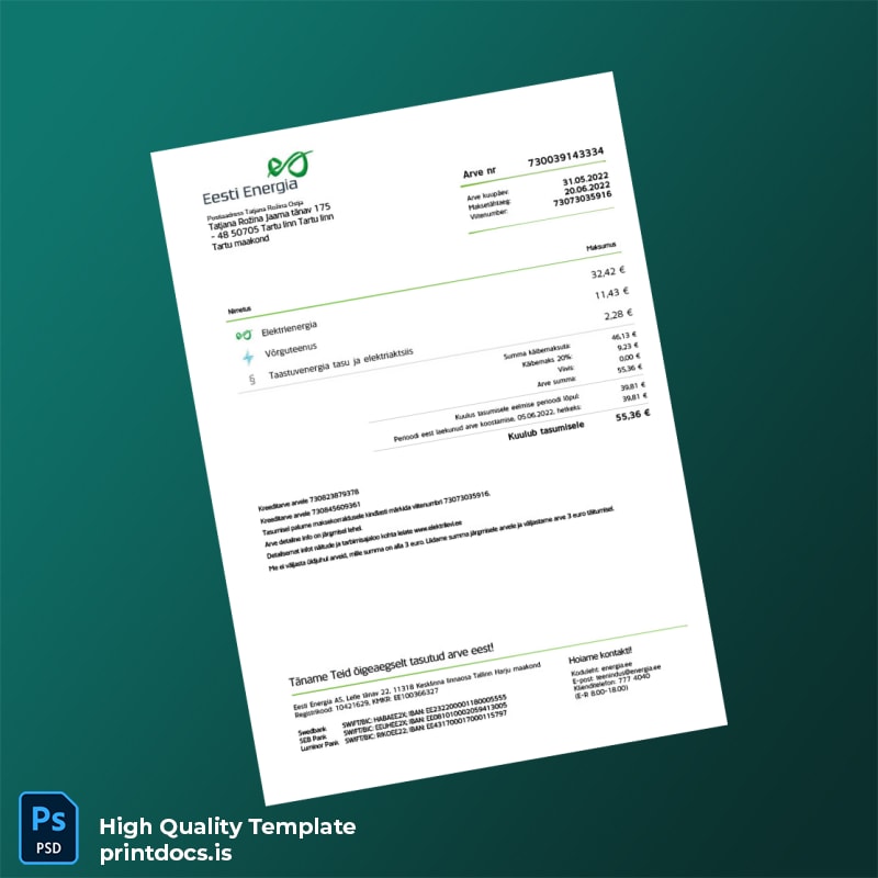 Estonia Eesti Energia Editable Utility Bill Template in Word and PDF formats