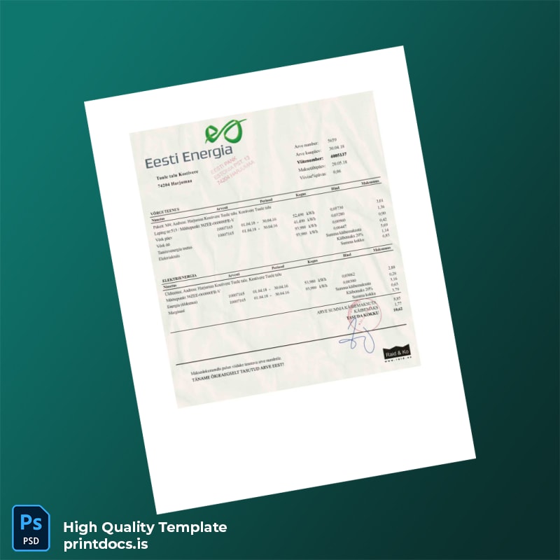 Estonia Raid Ko Editable Utility Bill Template in Word and PDF formats
