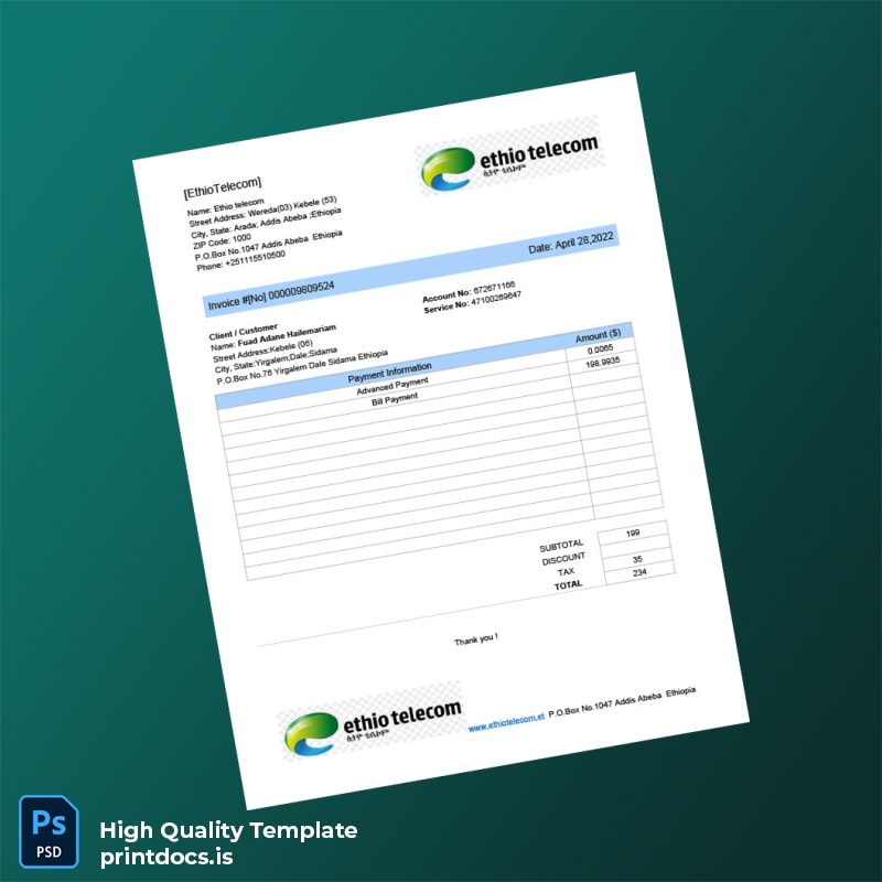 Ethiopia Ethio Telecom Editable Utility Bill Template in Word and PDF formats