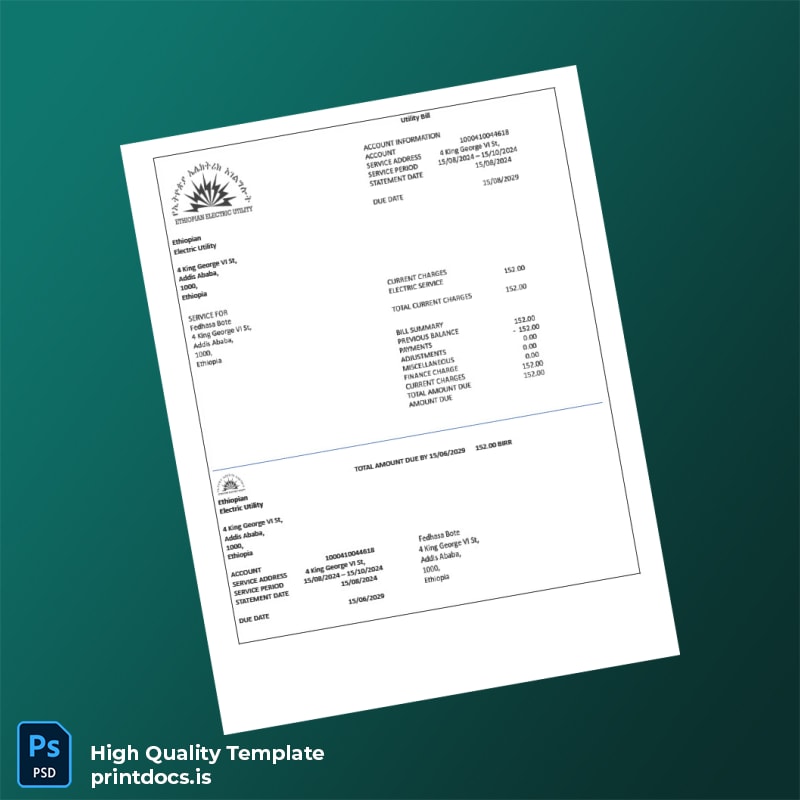 Ethiopia Ethiopian Electric Utility Editable Electricity Bill Template in Word and PDF formats