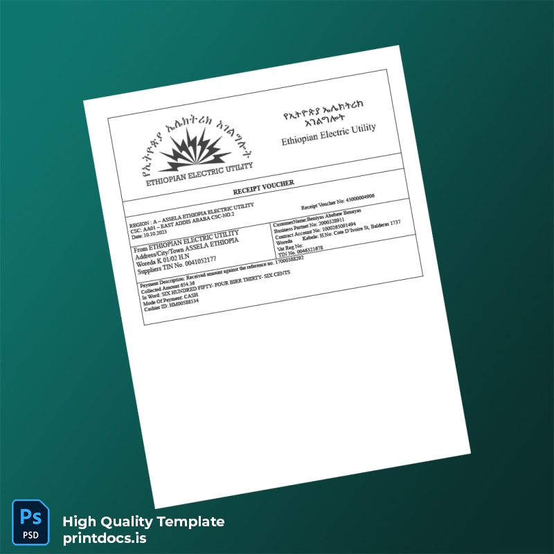 Ethiopia Ethiopian Electric Utility Editable Receipt Voucher Template in Word and PDF formats