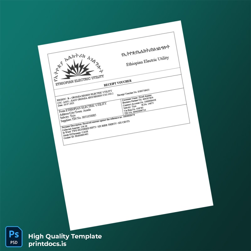 Ethiopia Ethiopian Electric Utility Editable Utility Bill Template in Word and PDF formats