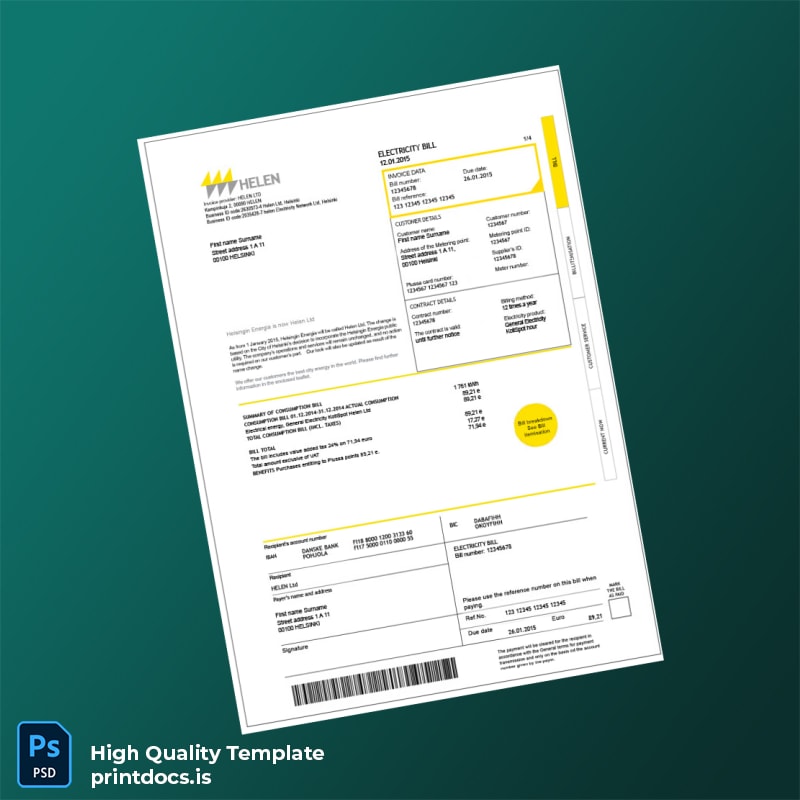Finland Helen Ltd Editable Electricity Bill Template in Word and PDF formats