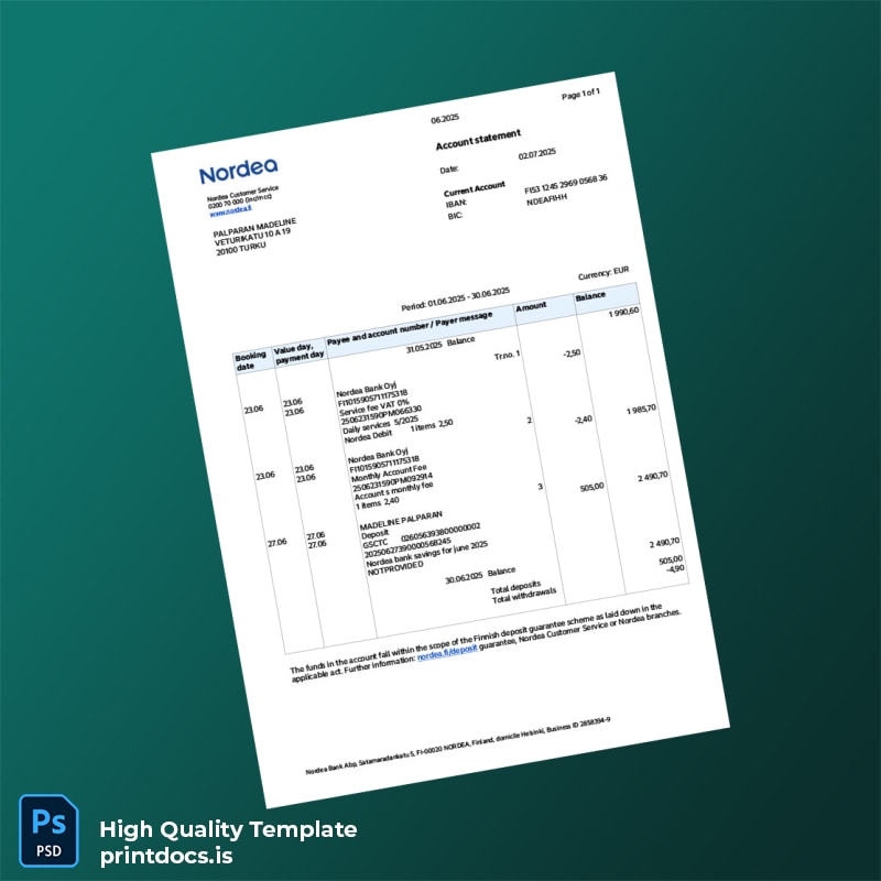 Finland Nordea Bank Statement Template in Word and PDF formats