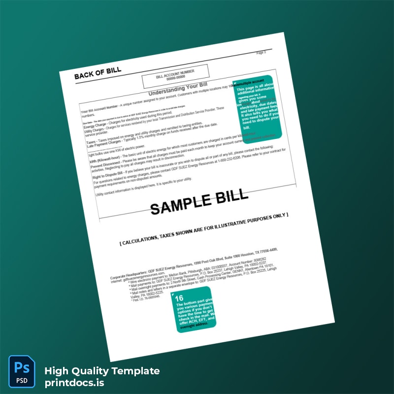 GDF SUEZ Energy Resources Editable Utility Bill Template in Word and PDF formats page 2