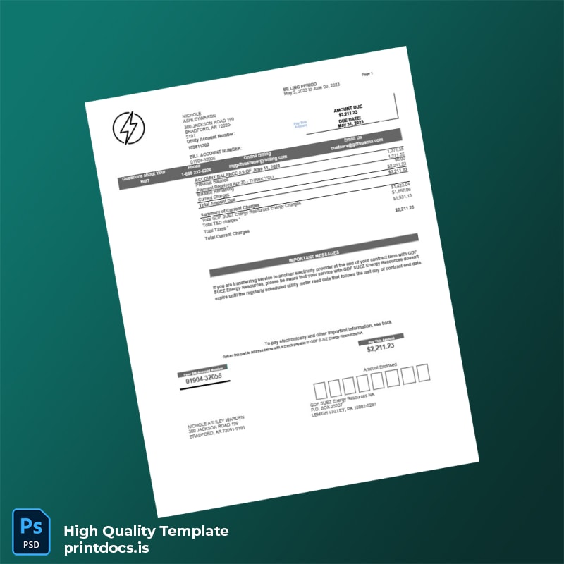 GDF SUEZ Energy Resources Editable Utility Bill Template in Word and PDF formats