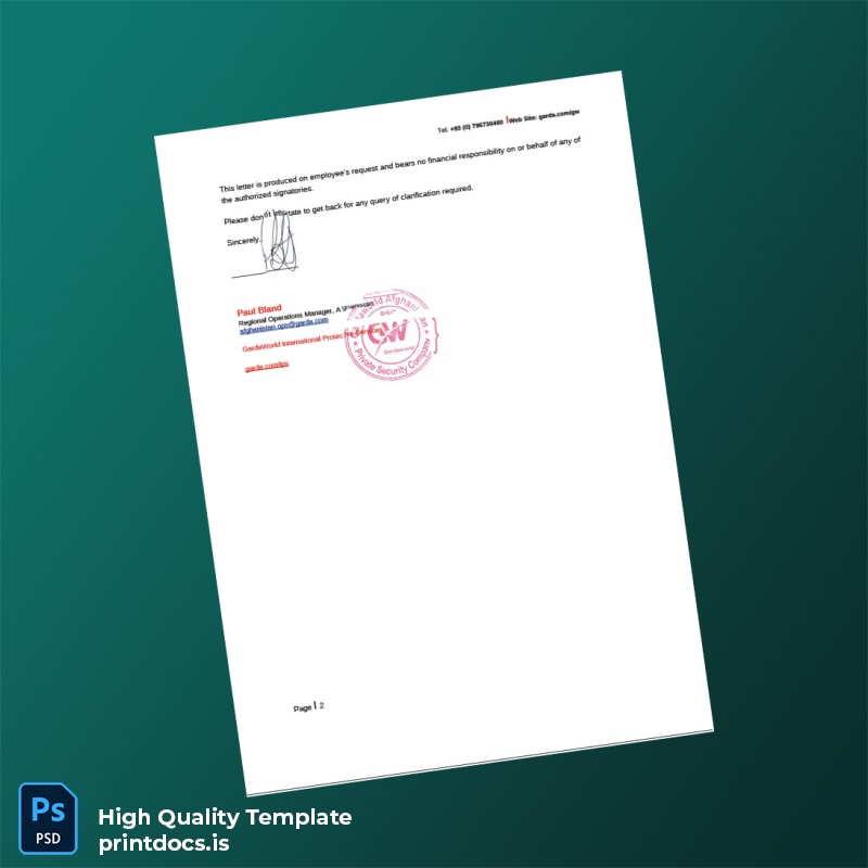 Printable GardaWorld Security Company Employment Verification Letter Template in Word and PDF formats page 2 Image Preview - PrintDocs