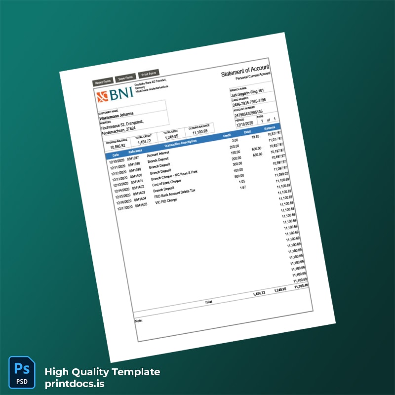 Germany Deutsche Bank Bank Statement Template in Word and PDF formats
