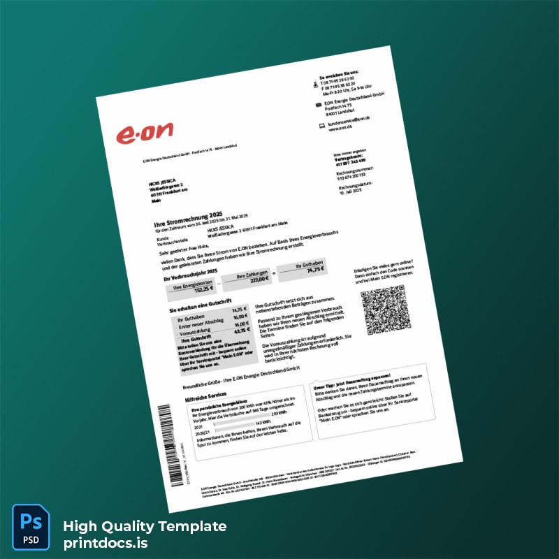 Germany E ON Energie Deutschland GmbH Editable Utility Bill Template in Word and PDF formats