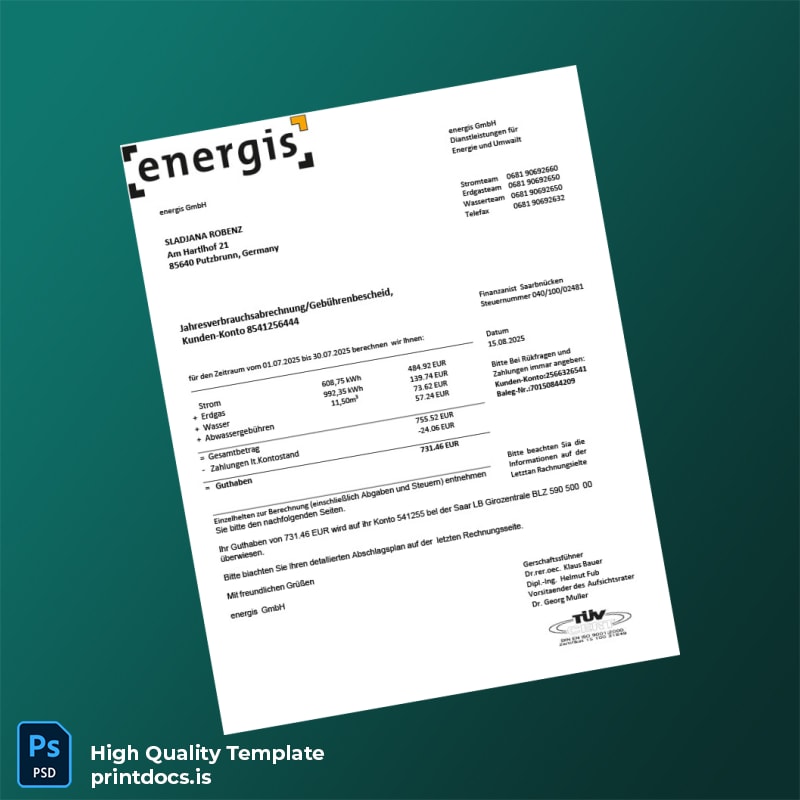 Germany Energis GmbH Editable Utility Bill Template in Word and PDF formats