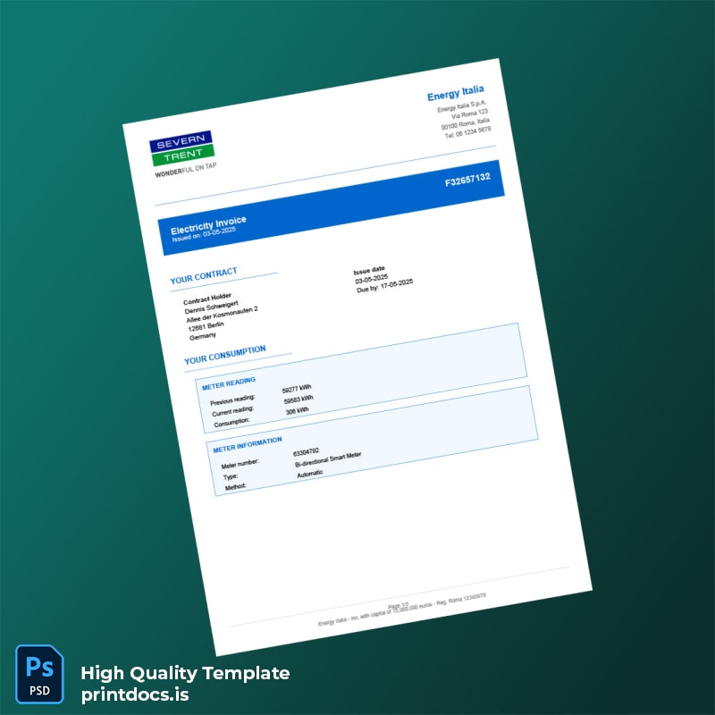 Germany Energy Italia S P A Editable Electricity Bill Template in Word and PDF formats