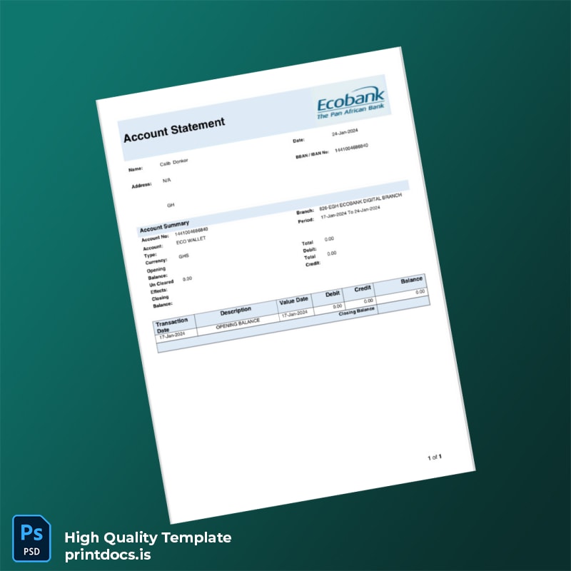 Ghana Ecobank Bank Statement Template in Word and PDF formats