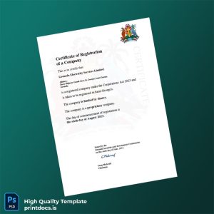 Printable Grenada Grenada Securities and Investments Commission Company Registration Certificate Template (Word & PDF) Image Preview