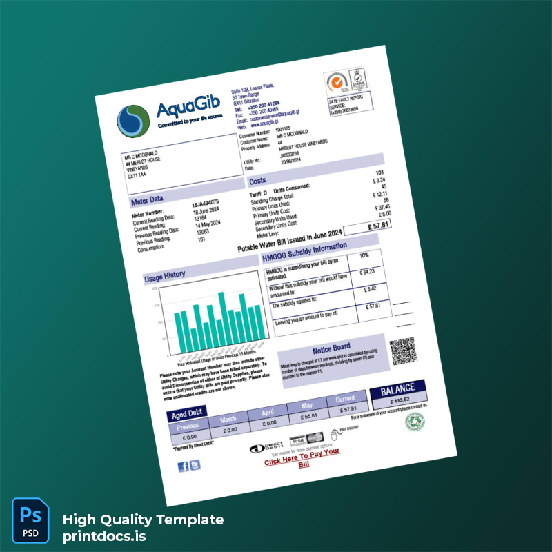 HMGoG Water Authority Editable Sales Bill Template in Word and PDF formats