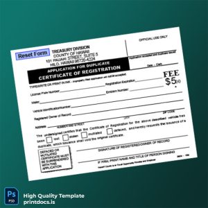 Printable Hawaii Treasury Division Application for Duplicate Certificate of Registration Template (Word & PDF) Image Preview - PrintDocs