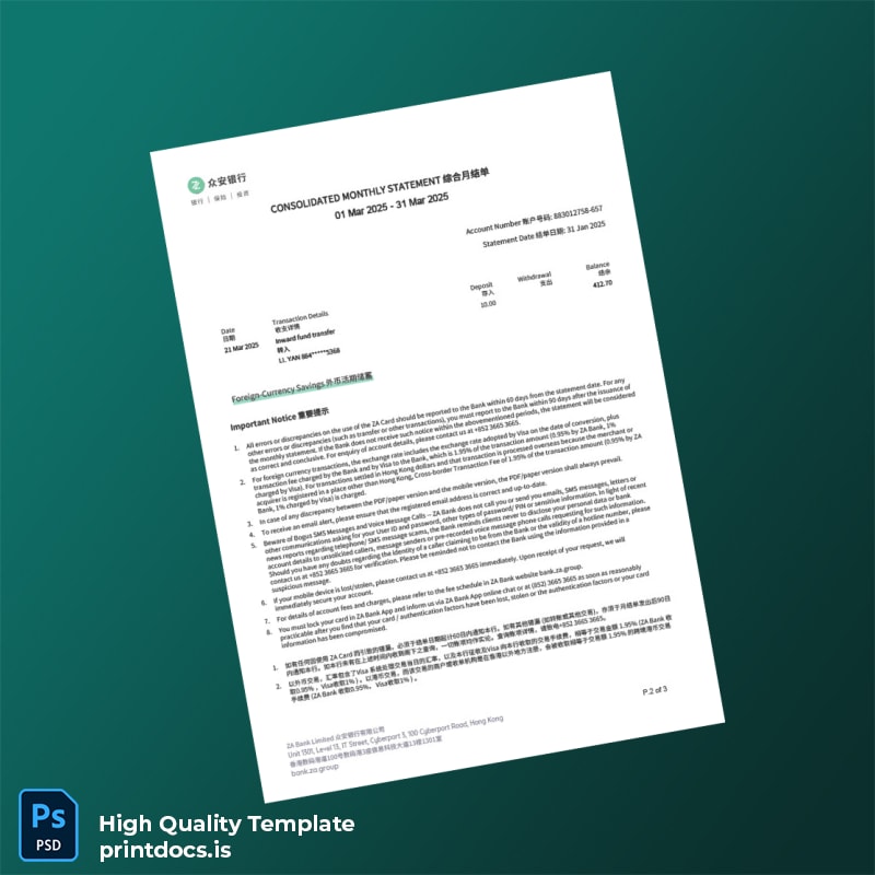 Hong Kong ZA Bank Statement Template in Word and PDF formats page 2
