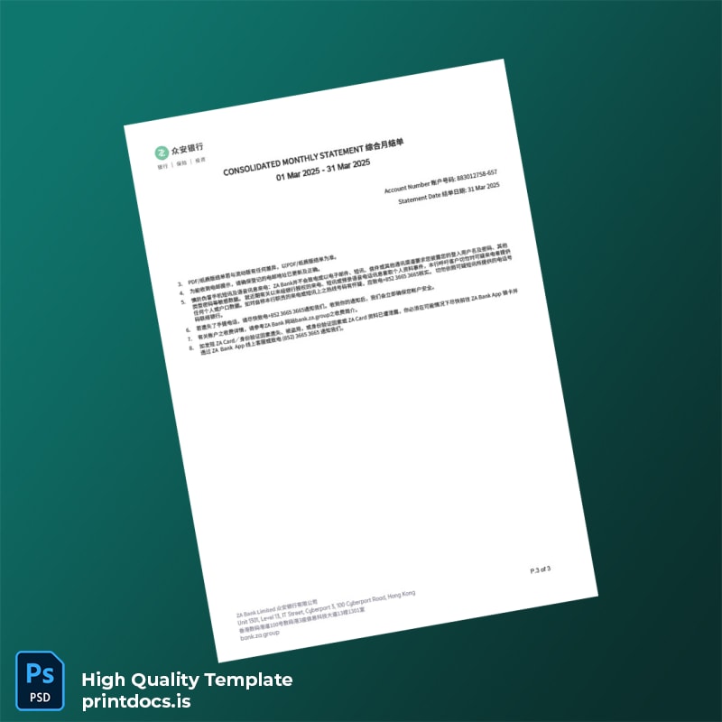 Hong Kong ZA Bank Statement Template in Word and PDF formats page 3