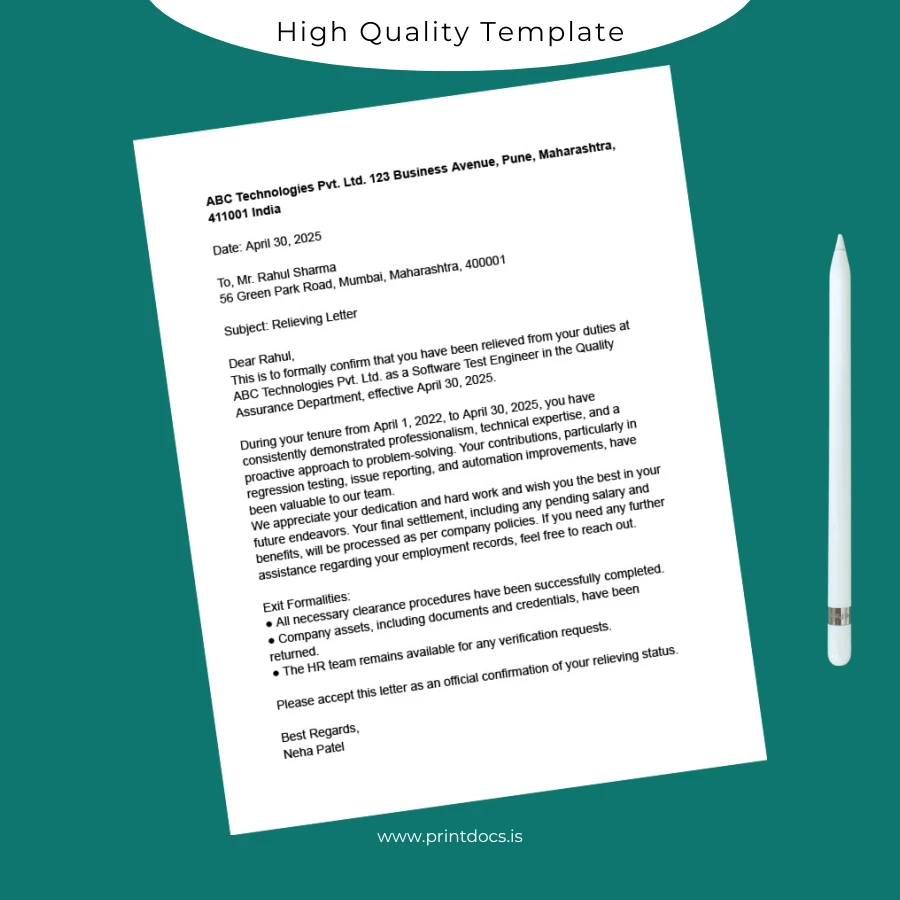 Printable India ABC Technologies Pvt Ltd Employment Verification Letter Template (Word & PDF) Image Preview - PrintDocs