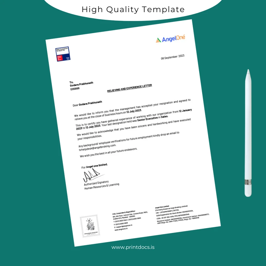 Printable India Angel One Limited Relieving and Experience Letter Template (Word & PDF) Image Preview - PrintDocs