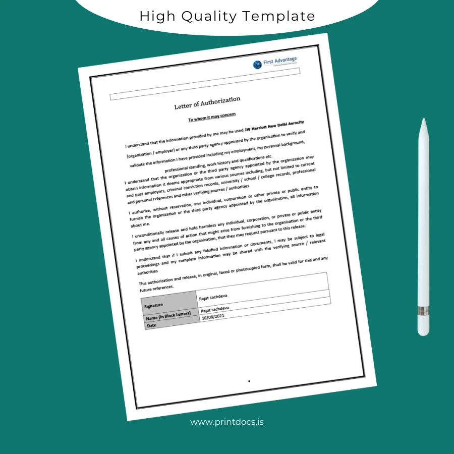 Printable India JW Marriott New Delhi Aerocity Employment Verification Letter Template in Word and PDF formats page 4 Image Preview - PrintDocs