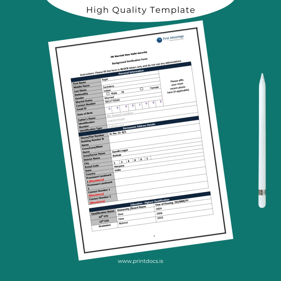 Printable India JW Marriott New Delhi Aerocity Employment Verification Letter Template (Word & PDF) Image Preview - PrintDocs