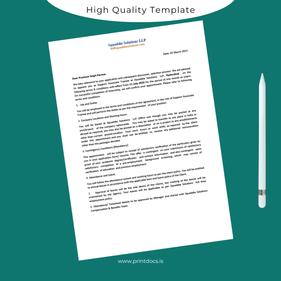 Printable India Squaddie Solutions LLP Employment Verification Letter Template (Word & PDF) Image Preview - PrintDocs