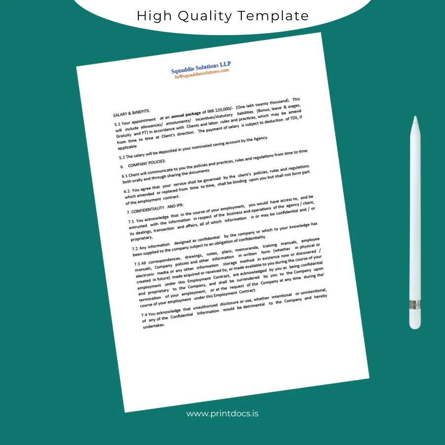 Printable India Squaddie Solutions LLP Employment Verification Letter Template in Word and PDF formats page 2 Image Preview - PrintDocs