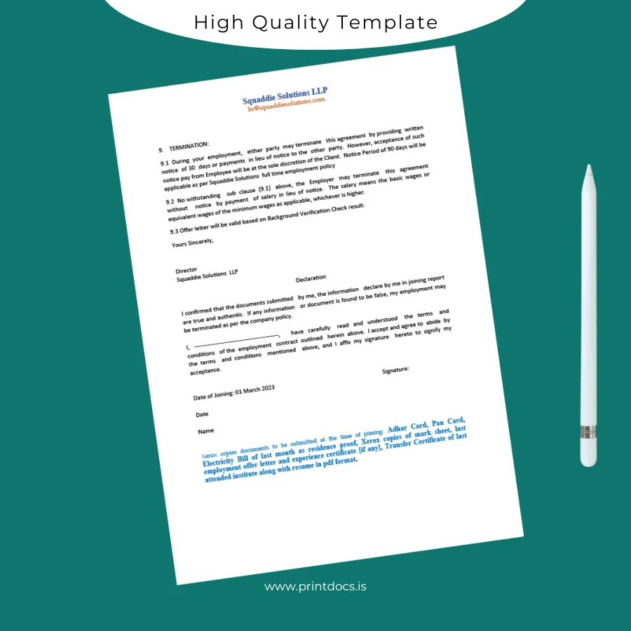 Printable India Squaddie Solutions LLP Employment Verification Letter Template in Word and PDF formats page 4 Image Preview - PrintDocs