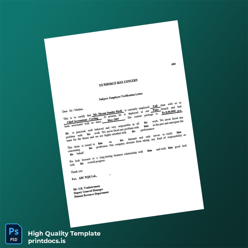 Printable India ABC PQR Ltd Employment Verification Letter Template in Word and PDF formats page 4 Image Preview - PrintDocs