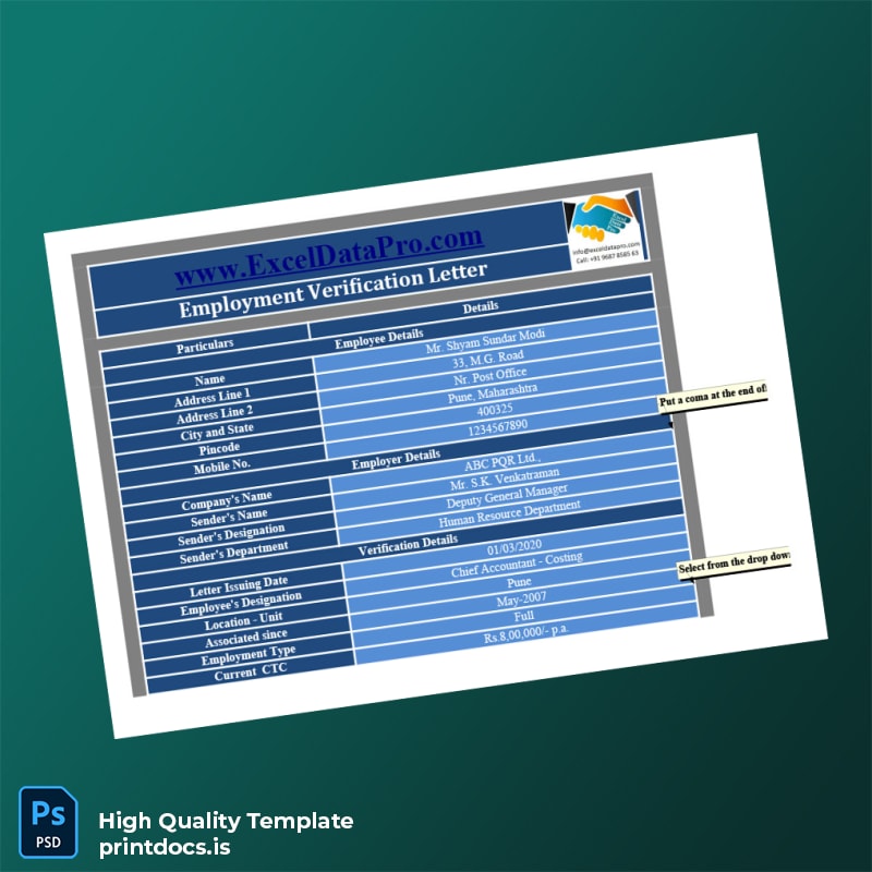 Printable India ABC PQR Ltd Employment Verification Letter Template (Word & PDF) Image Preview - PrintDocs