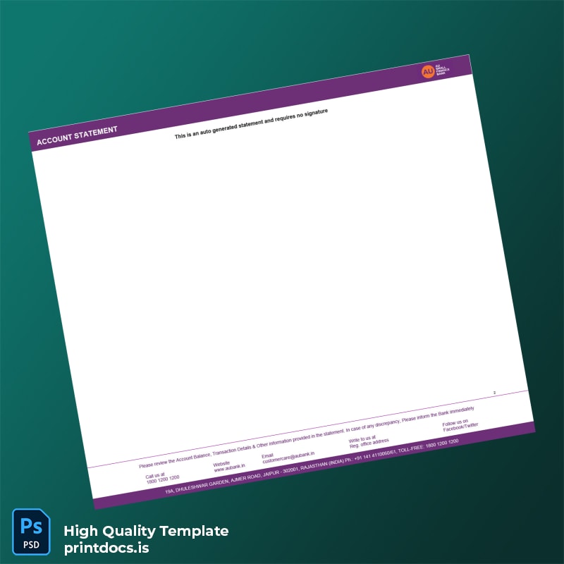India AU Bank Statement Template in Word and PDF formats page 2