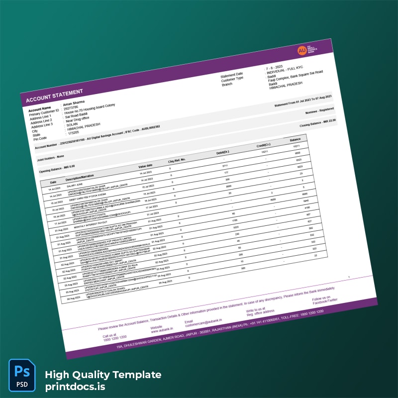 India AU Bank Statement Template in Word and PDF formats