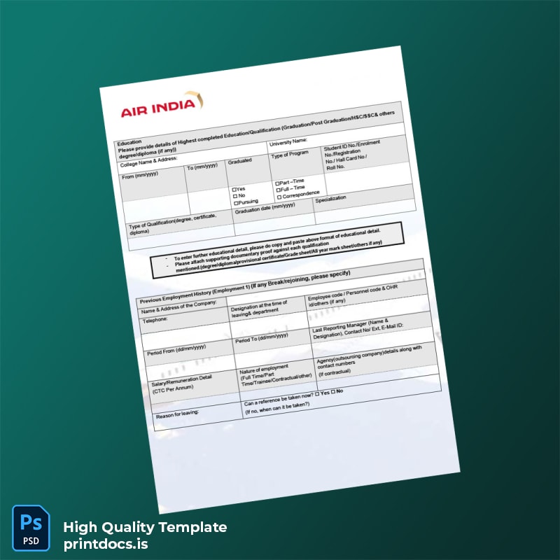 Printable India Air India Employment Verification Letter Template in Word and PDF formats page 2 Image Preview - PrintDocs