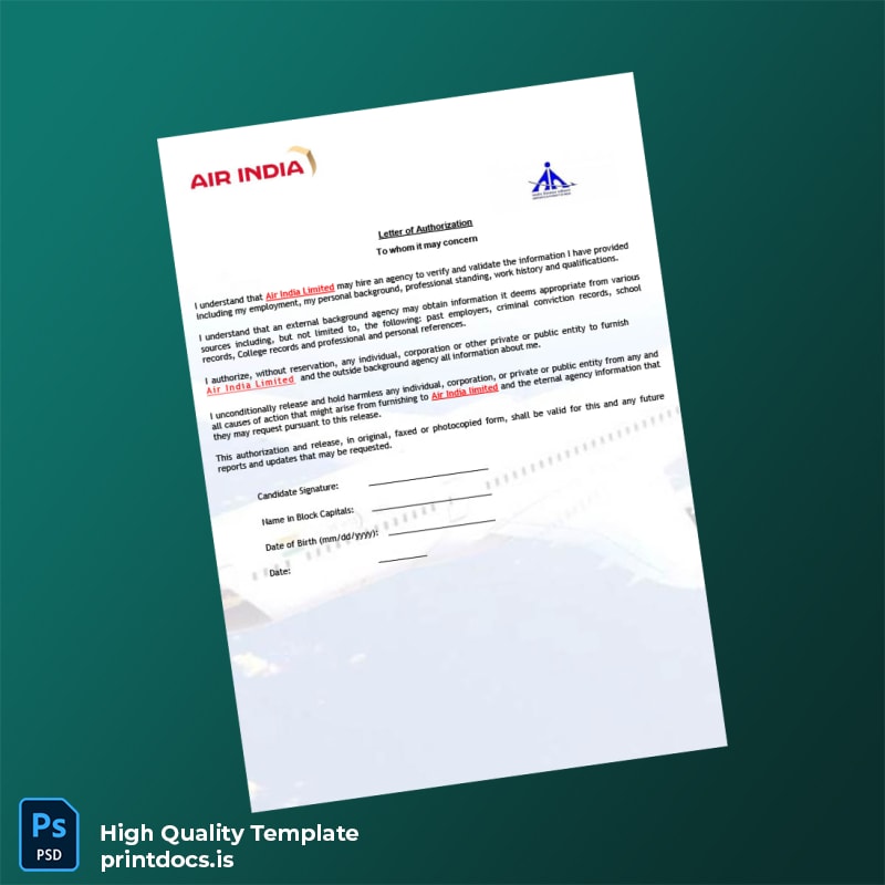 Printable India Air India Employment Verification Letter Template in Word and PDF formats page 4 Image Preview - PrintDocs