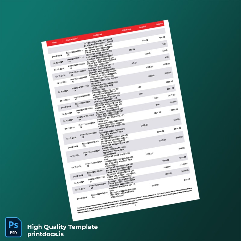 India Airtel Bank Statement Template in Word and PDF formats page 2