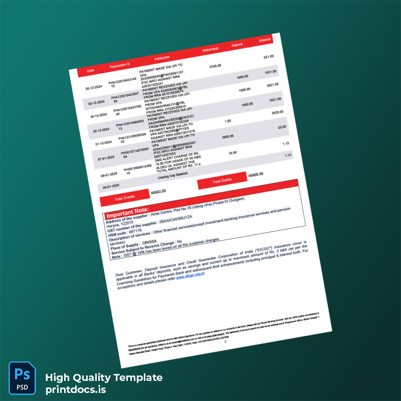 India Airtel Bank Statement Template in Word and PDF formats page 5