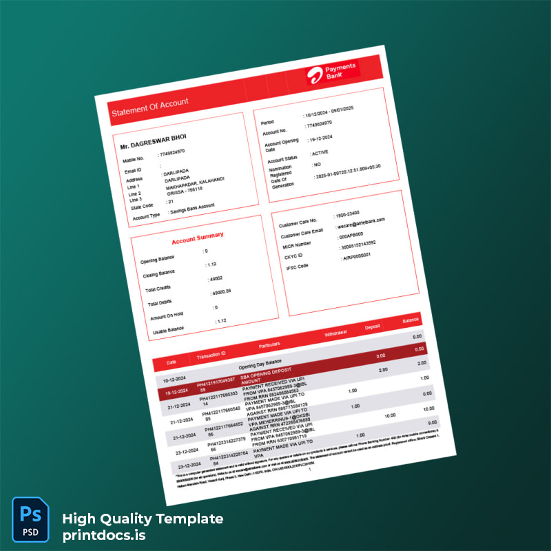 India Airtel Bank Statement Template in Word and PDF formats