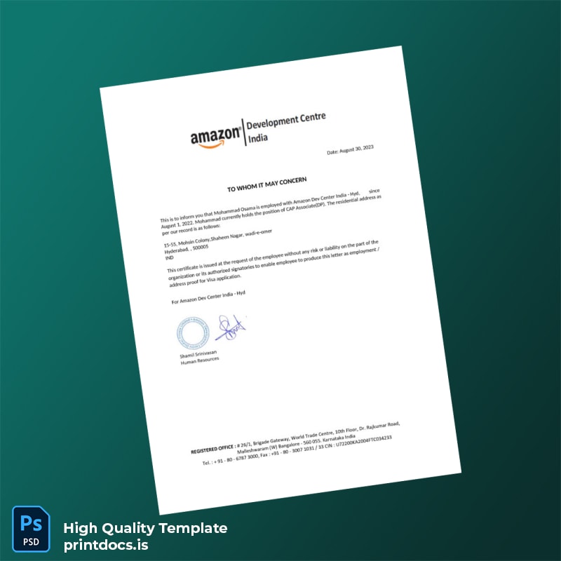 Printable India Amazon Development Centre Employment Verification Letter Template (Word & PDF) Image Preview - PrintDocs
